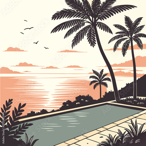 A serene poolside scene at sunset with palm trees