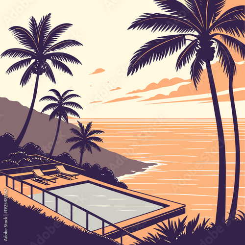 A pixel art image of a swimming pool by the beach
