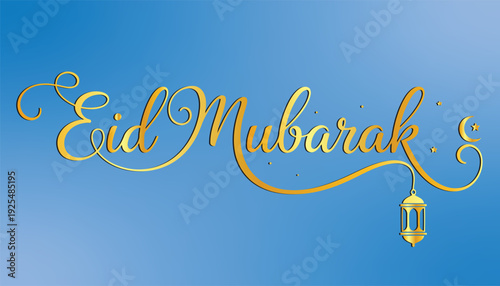 Elegant golden Eid Mubarak calligraphy with a decorative lantern on a serene blue background, celebrating the Islamic festival.