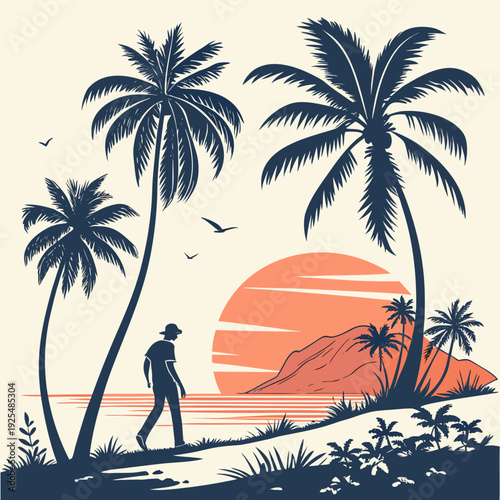 Man walking on a beach with palm trees at sunset