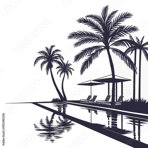 A tropical paradise with palm trees and a swimming pool