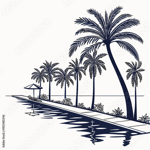 A tropical island with palm trees by the water