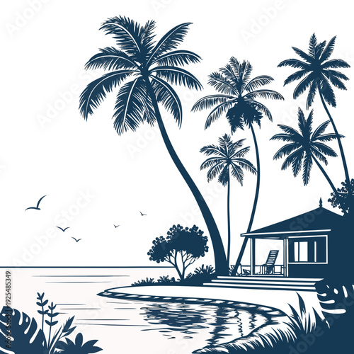 A tropical island scene with a hut and palm trees
