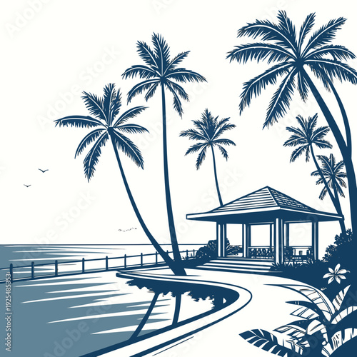 A blue and white image of a gazebo on a beach