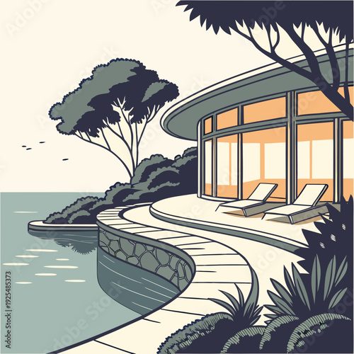 A house by the water with a patio and trees