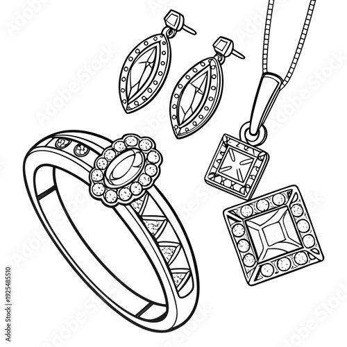 A set of diamond jewelry including a ring earrings and a necklace