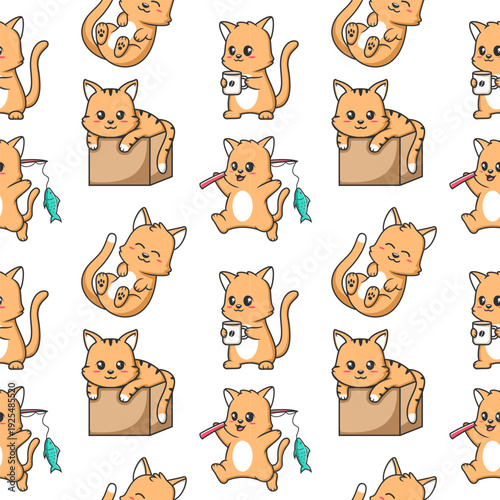 Cute Cat Daily Life Seamless Pattern