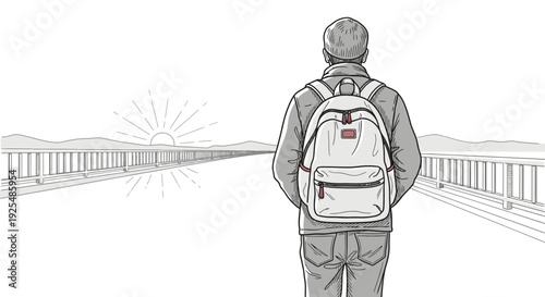 Man with backpack walking across bridge toward the horizon with rising sun