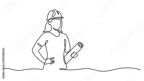 Continuous line art of a female engineer or architect inspecting plans and notes on site. Professional work job occupation. Editable vector