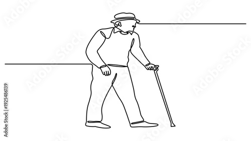 Continuous line art of an old man in a hat walking with a cane. Old man walking with walking cane in continuous one line drawing. symbolizing age. Editable vector
