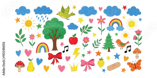 Whimsical hand-drawn elements for kids: sun, clouds, rainbow, tree, birds, flowers, hearts, stars, fruits, and more.