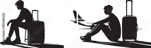 Traveler Waiting at Airport with Suitcase Silhouette Black and White Vector