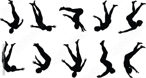 Silhouette sequence of gymnast performing backflip, dynamic motion stages, human movement illustration, sports training concept, athletic performance vector, acrobatic exercise design