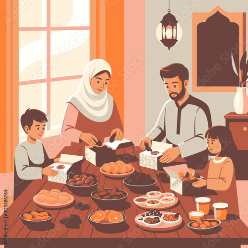Muslim family breaking fast together at home.