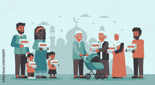 Diverse community sharing food boxes.