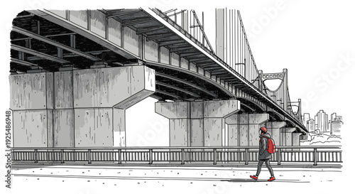 Pedestrian walking under large bridge illustration monochrome style