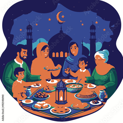 Family gathering for iftar during Ramadan.