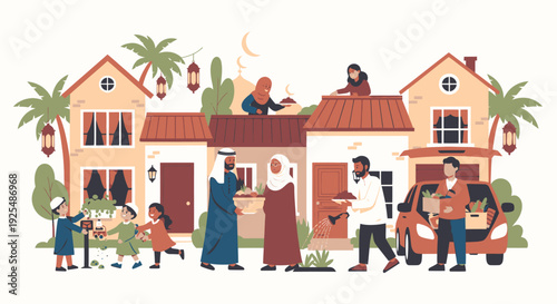 Illustration of people in a residential neighborhood.