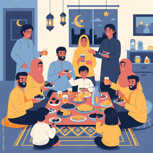 Muslim family gathering for iftar meal.