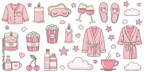 Cozy relaxation illustration, self-care theme, pajamas bathrobes, candles popcorn, sleep mask, wine glasses, slippers stars, spa day, comfort design, flat vector art