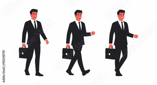 Three illustrations of a businessman in a black suit walking with a briefcase, depicting different stages of a walk cycle on a white background.