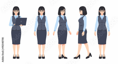 A young Asian business woman in various poses, wearing a vest, shirt, and skirt, holding a laptop in one pose.