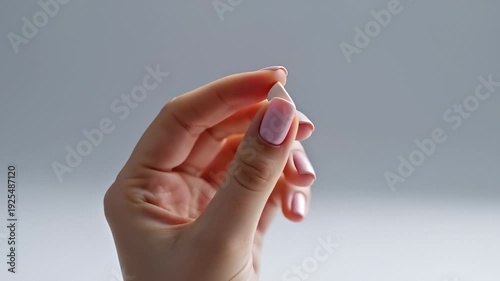 Woman's Hand Holding Two White Pills Between Thumb and Index Finger, Close Up