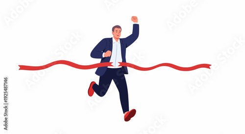 A businessman in a suit triumphantly breaks through a red finish line, celebrating success and achievement.