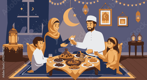 Muslim family sharing iftar meal together.