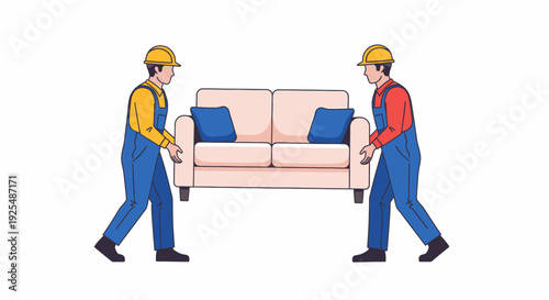Two movers in hard hats and overalls carrying a beige two-seater sofa with blue cushions.