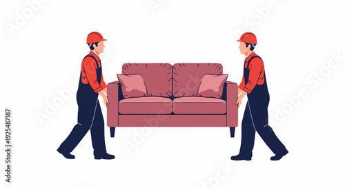 Two professional movers in uniform carrying a pink sofa, illustrating furniture delivery or relocation service.
