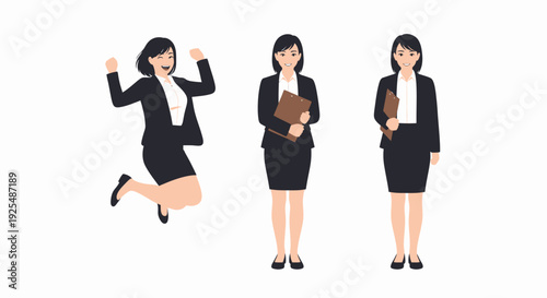 Three illustrations of a professional business woman in a suit, showing different poses including jumping and standing with a folder.
