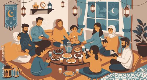 people sitting around a table eating during ramadan.