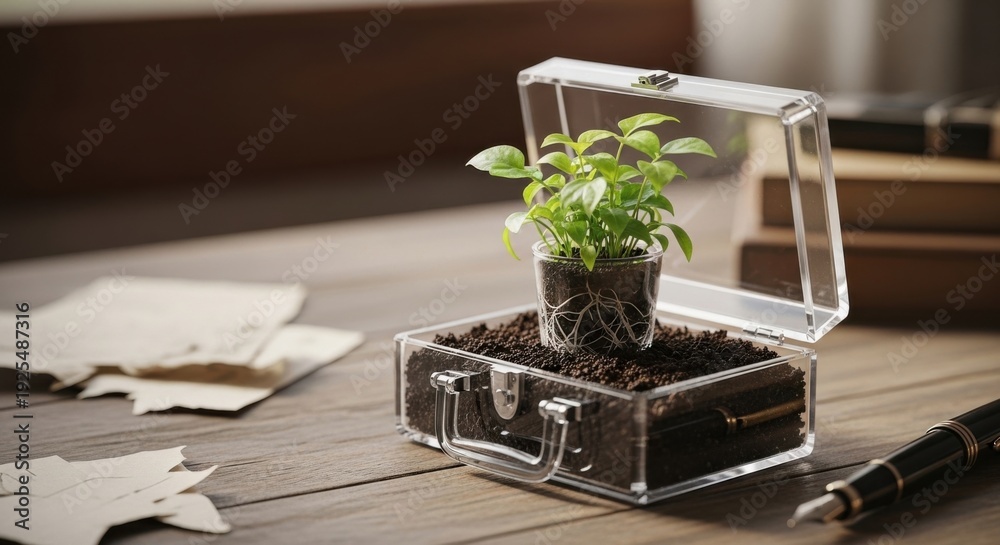 Fototapeta premium Green plant growing from soil in transparent briefcase on desk