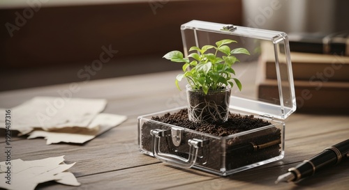 Green plant growing from soil in transparent briefcase on desk