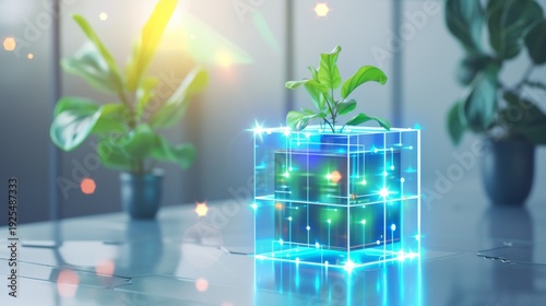 Green technology concept with futuristic glowing plant cube