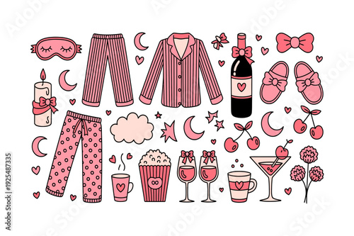 Cute Pink Pajama Party Doodle Icon Set. Sleepover Elements, Nightwear, Wine, Popcorn, Candle, Mask, Slippers and More. Hand Drawn Vector Illustration. Editable Stroke.