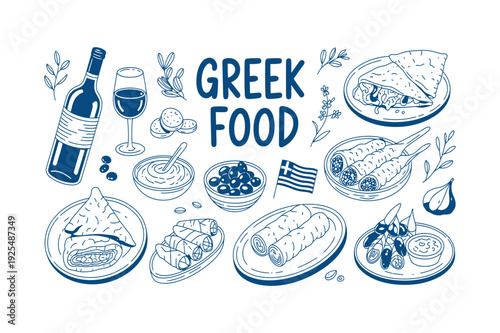 Greek Food Traditional Cuisine Icon Set. Mediterranean Dishes, Olive Oil, Wine, Pita, Gyro, Tzatziki, Feta, Baklava and More. Hand Drawn Vector Illustration. Editable Stroke.