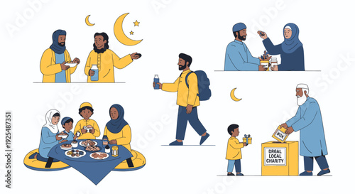 Illustrations of people breaking fast during Ramadan.
