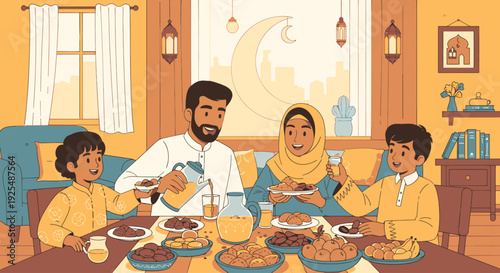 Happy Muslim family breaking fast together.
