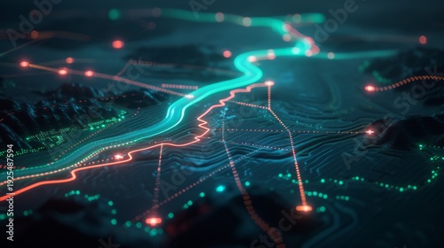High-tech digital terrain map with glowing network pathways