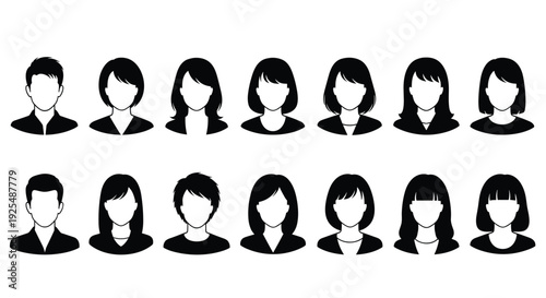 Set of twenty minimalist black head and shoulder profile silhouettes, diverse hairstyles, professional user interface avatar icons, contact list design elements, 2026.
