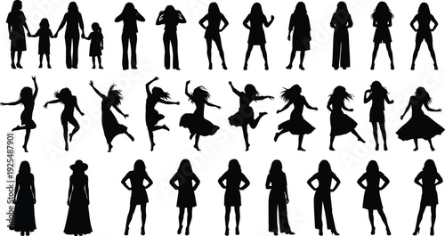 Set, of, Black, Women, Silhouettes, Standing, Dancing, and, Jumping, Poses, with, Kids, Isolated, on, White, Background, for, Graphic, Design, and, Fashion
