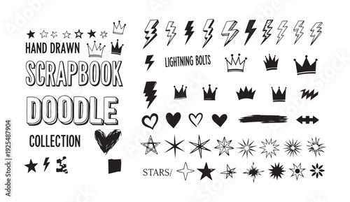 Hand-drawn scrapbook doodle collection featuring crowns, lightning bolts, stars, hearts, and text elements on white.