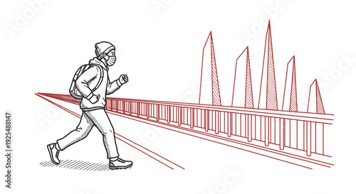 Running person with face mask and backpack in urban setting illustration