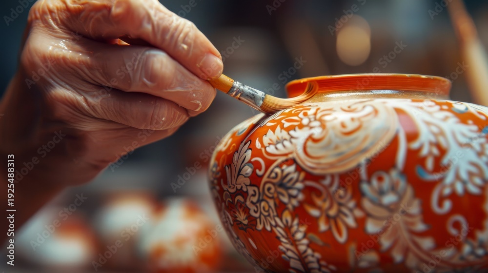 Obraz premium Hand-painting an ornate ceramic vase with intricate designs