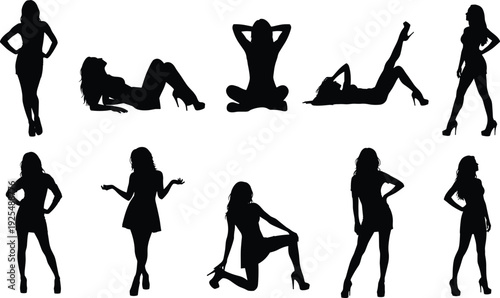 Twelve sensual female silhouettes in dynamic poses, elegant woman in high heels, fashion model vector icons, seductive feminine body shapes, 2026.