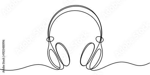 Minimalist single line art illustration of modern headphones for music listening.