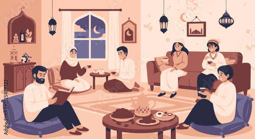 A group of people sitting in a living room during Ramadan.