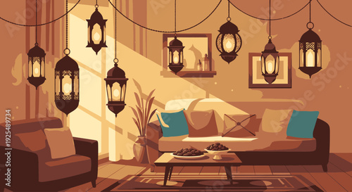 Cozy living room interior with lanterns.